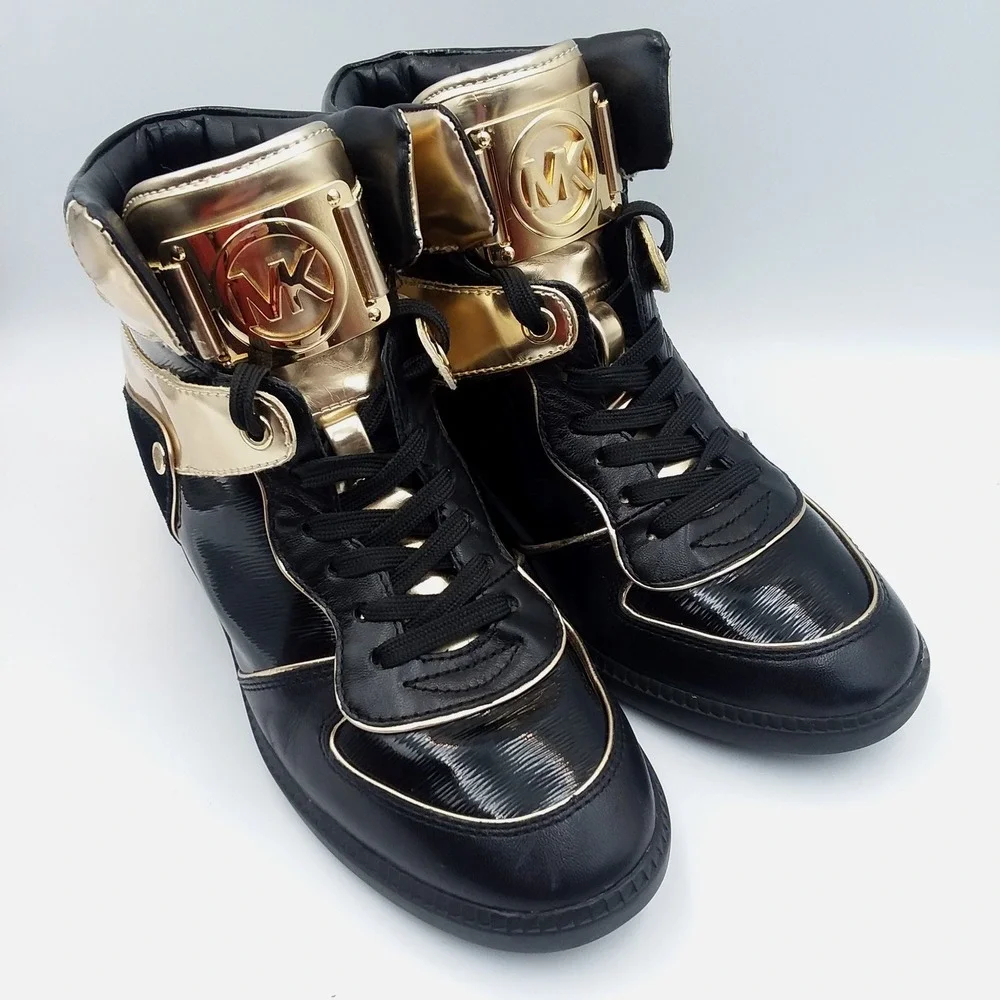 Michael Kors Nikko High-Top Wedge Sneakers Black Gold Patent‎ Leather Women's 8M